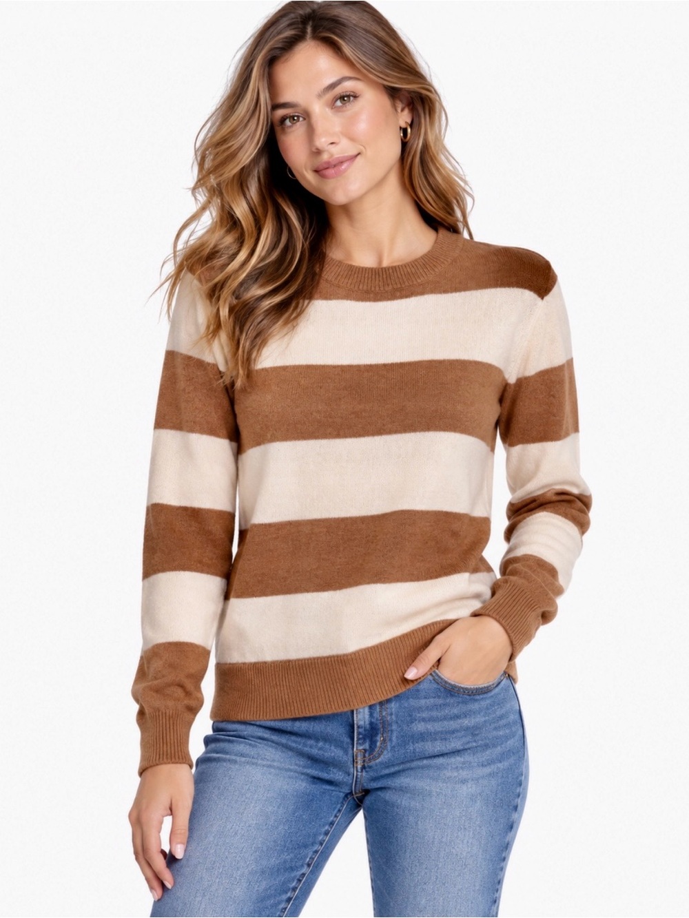 J.Crew Factory Camel White Striped Wool Blend Crewneck Sweater Size Large